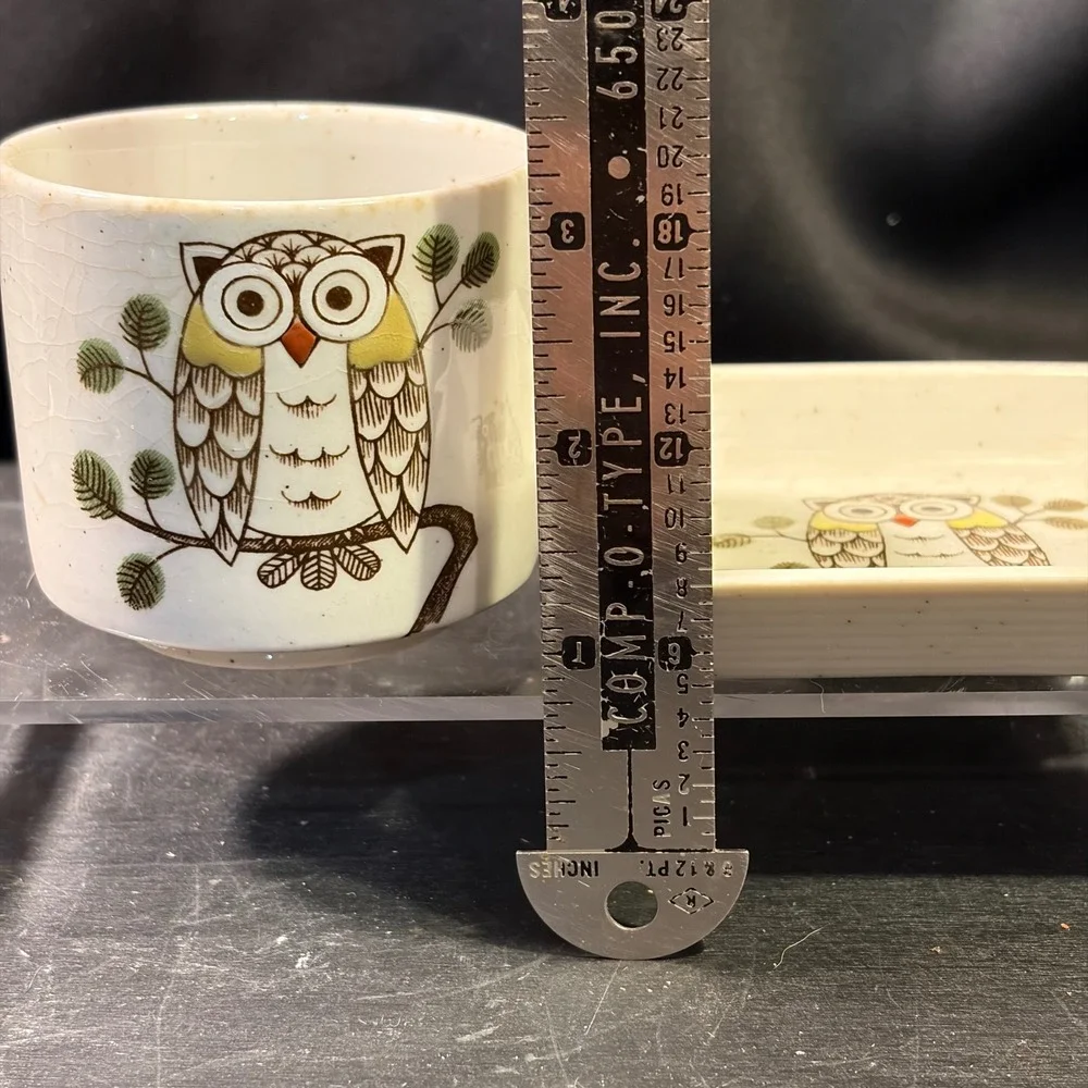 Vintage Speckled Ceramic Owl Tea Cup and Square Saucer Set Cream Brown